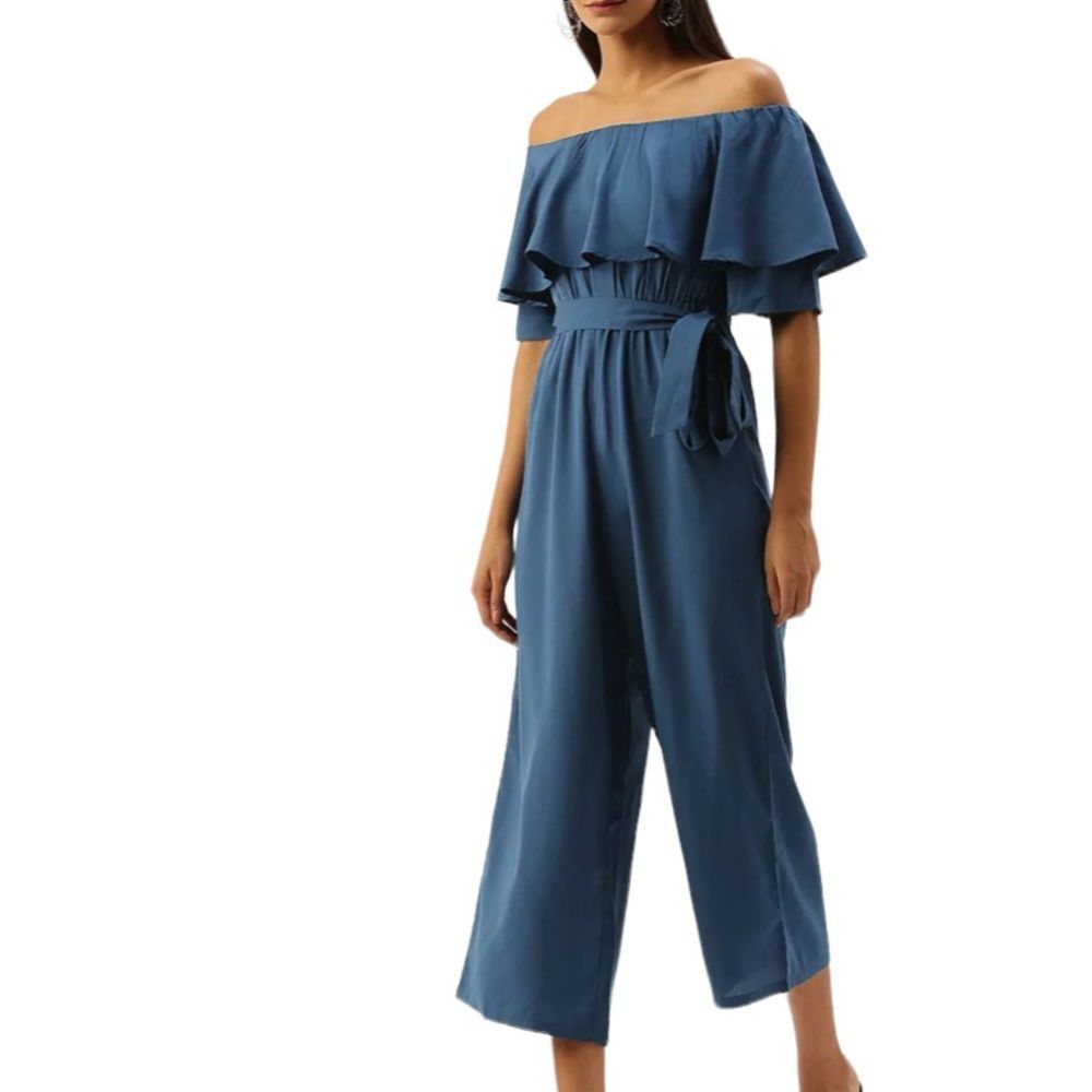 New Chique Blue Off Shoulder Culotte Jumpsuit Size Medium